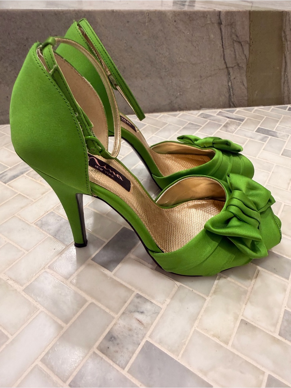 Nina Lime Green Satin Bow Peep-Toe Ankle-Strap Heels - Picture 4 of 7